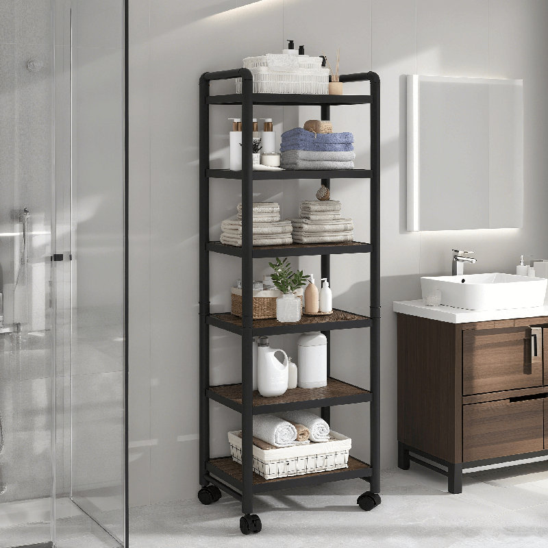 6-Tier Splittable Wood Rolling Storage Shelves, Slim Rolling Storage Cart With Metal Frame, Narrow Mobile Shelving Unit, Stackable Organizer Shelves F