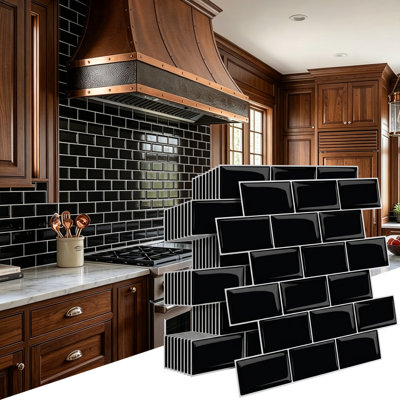 11.8" W × 11.8" D Black Peel and Stick Backsplash Tile Self-Adhesive Vinyl Wall Tiles for Kitchen, Bathroom Backsplash, RV, Home Decor