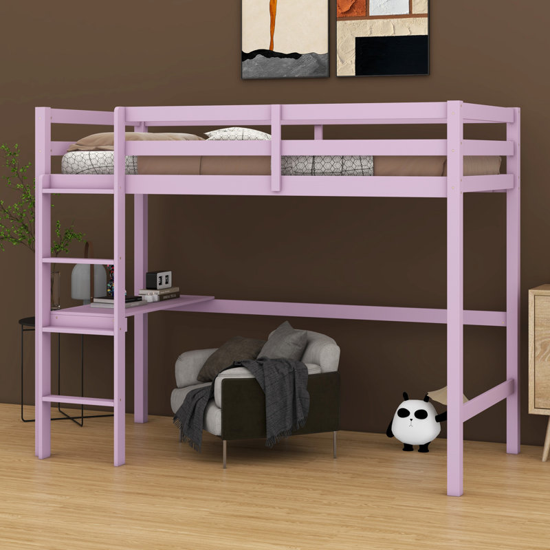 Keean Twin High Loft Bed, Rubber Wood Loft Bed With Safety Guardrail, Built-In Desk, Ladder, Pink