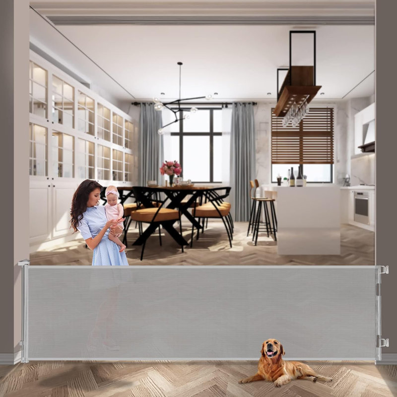 Barrière de sécurité rétractable pour animaux en maille pour escaliers, Blanc, H 33 po x l 71 po x P 2,7 po