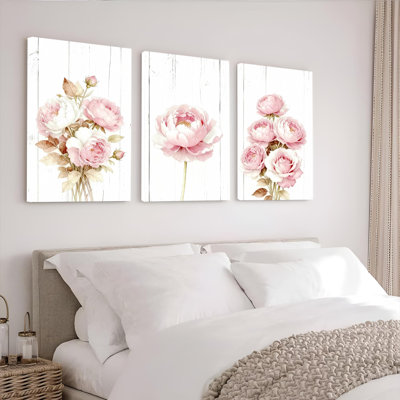Pink Peony Floral Bouquet Canvas Wrapped Wall Art, Watercolor Style Print (Set of 3)