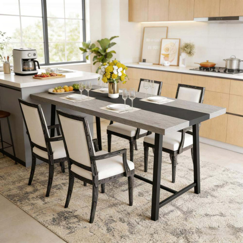 Longue table de salle à manger industrielle - 70,9 po x 33,5 po, plateau en bois aggloméré et pieds en acier, 8 places, Gris