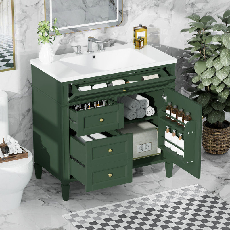 Meuble-lavabo 36 po avec évier supérieur, 2 tiroirs, tiroir basculant, meuble-lavabo simple moderne, Vert