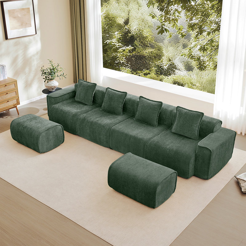Canapé modulaire en U à 4 places avec passepoil à bordure française, sans assemblage requis, canapé à 4 places avec coussins décoratifs et 2 repose-pieds mobiles, tissu de velours vert