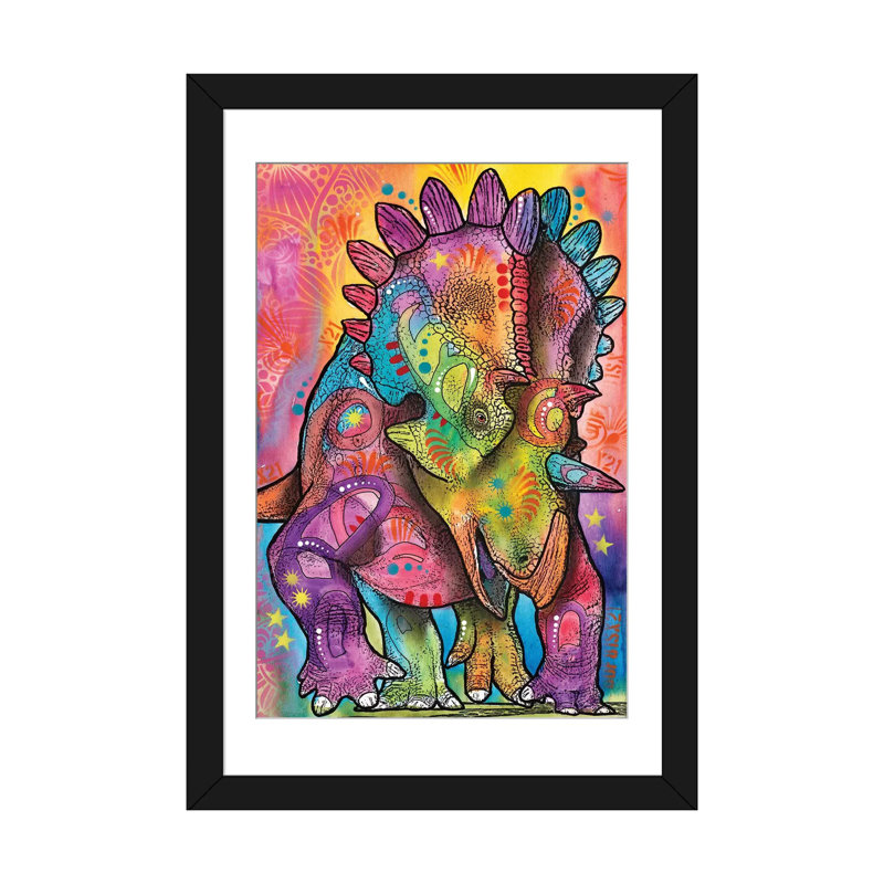 « tricératops », impression sur toile, H 24 po x l 16 po x P 1 po, Papier beaux-arts encadré noir, Blanc
