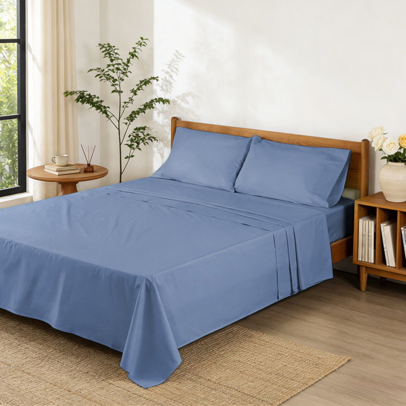 Ensemble de draps 100% coton 250 TC Percale, Bleu orageux, Ensemble de draps pour lit double avec 2 taies d'o