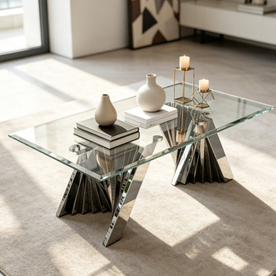 50" Glass Coffee Table With Polished Geometric Metal Base