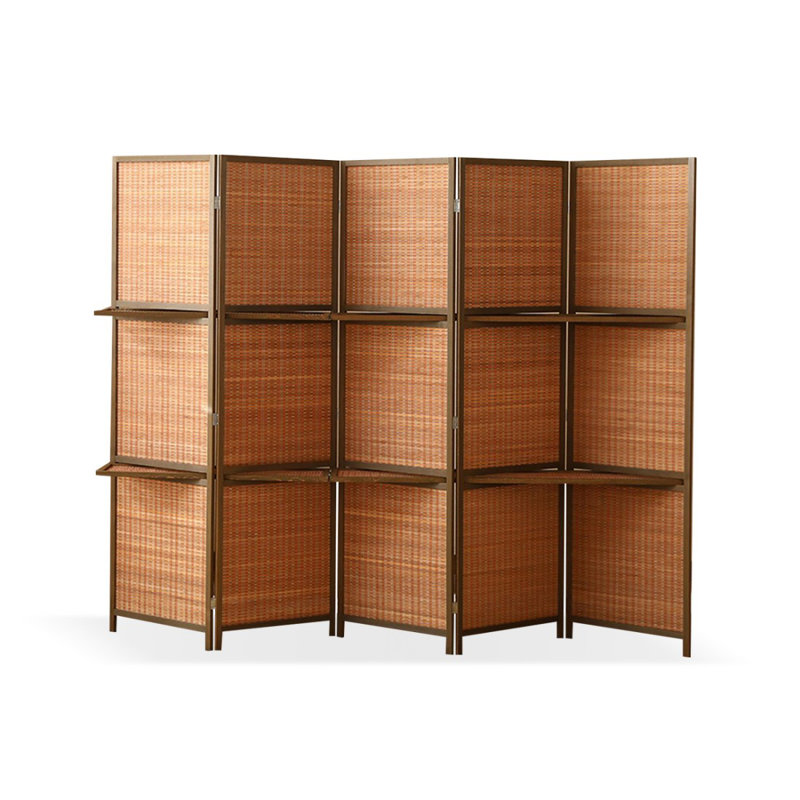 5 Panels Brown Solid Wood Folding Room Divider