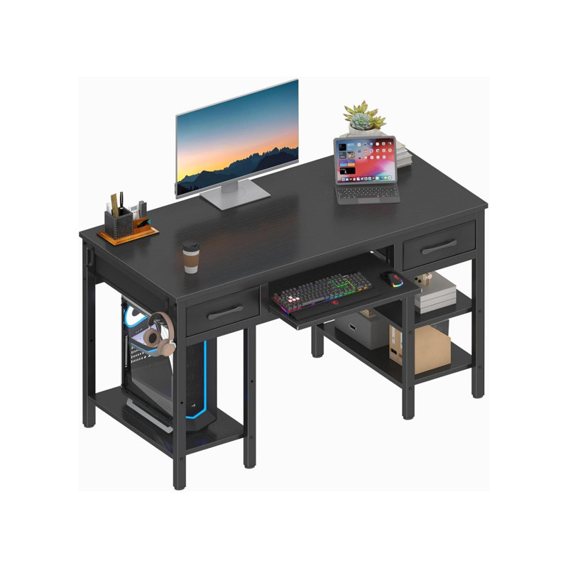 Computer Desk With Keyboard Tray, Computer Desks With Fabric Drawers & Storage Shelves For Home, Office