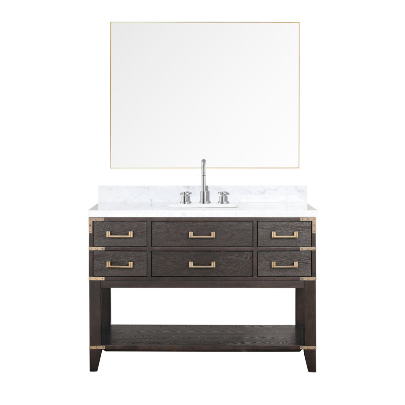 Meuble de salle de bain simple en chêne brun 48 po X P 22 po avec comptoir en marbre, robinet et miroir 46 - comptoir de meuble-lavabo, robinet, apparence élégante