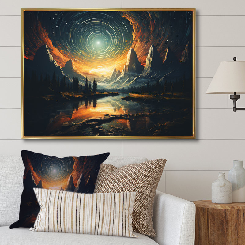 «Yellow Mountain Moon Galatic II», forêt et rivière, art mural, Cadre flottant doré, H 12 po x l 20 po x P 1 po