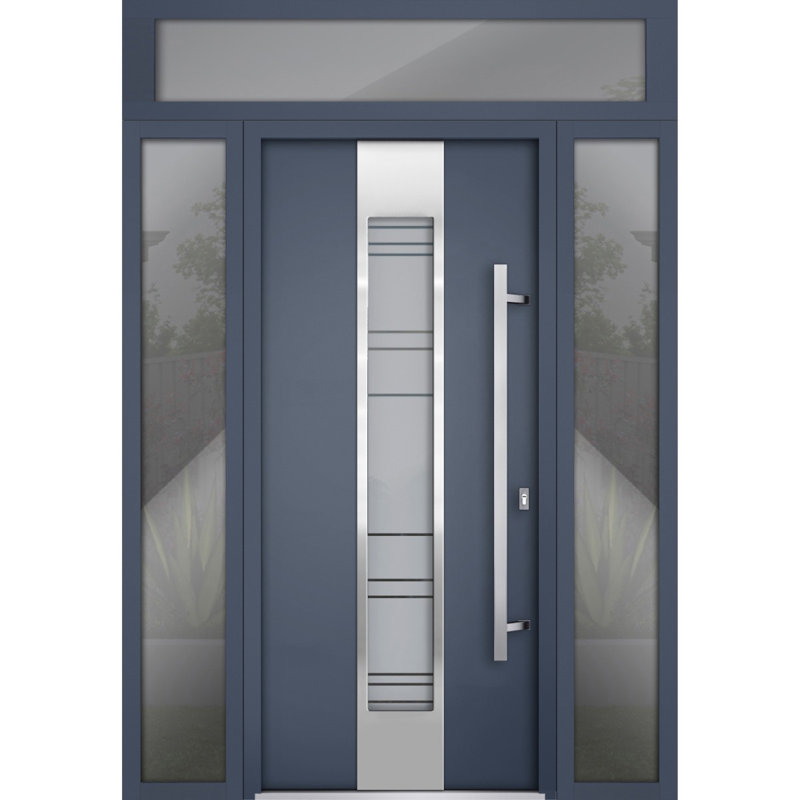 Porte avant en acier pré-suspendue à l'avant / deux graphite gris 0757/2 fenêtres extérieures latérales et supérieures / inserts en acier inoxydable peints simples modernes - l 14 + 36 + 14 po x H 80 + 16 po - Gauche