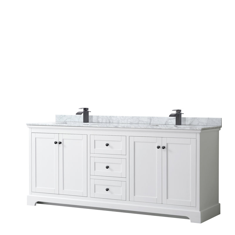 Avery 80'' Double Bathroom Vanity with Stone Top, White, Matte Black
