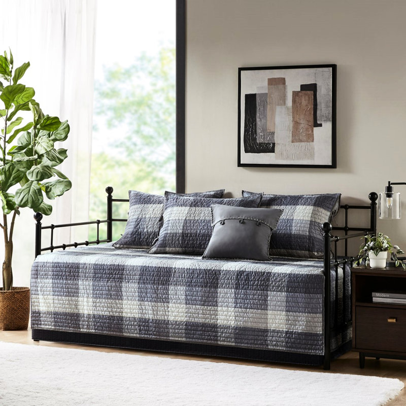 Housse de lit de jour 6 en gris - Motif écossais réversible avec taies décoratives et coussin décoratif à chevrons, envers en microfibre, housse de 6 pièces, chute de 15 pouces, lavable en machine