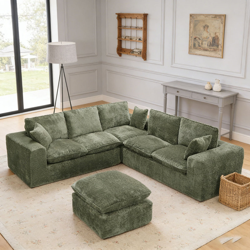 107'' Modern Boucle L-shaped Sectional Sofa, Green, 6