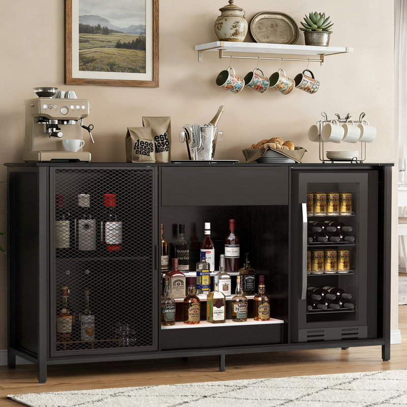 70.9" Bar Cabinet with LED Lights – Sideboard with Power Outlets, Wine Glass Rack & Drawer