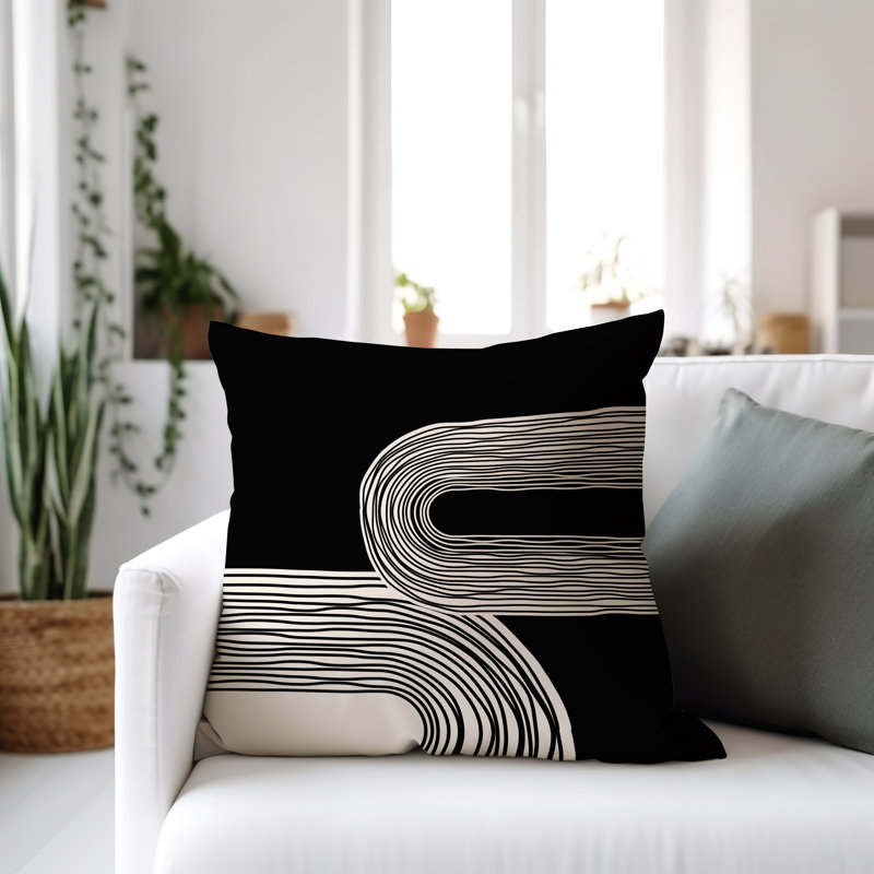 Cassie Abstract Outdoor Reversible Throw Pillow, Black/Cream/Black, 19"H x 19"W