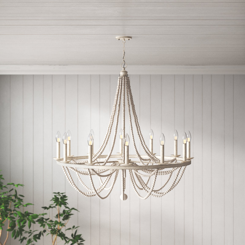 Speier 12-Light Dimmable Candle Style Wagon Wheel Chandelier Farmhouse Beaded Chandelier, Ivory Wash