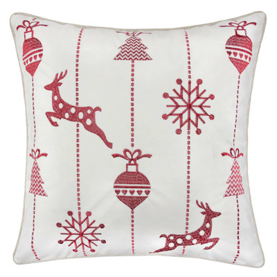 Coussin décoratif blanc de Noël 20 X 20 avec renne brodé rouge et flocons de neige