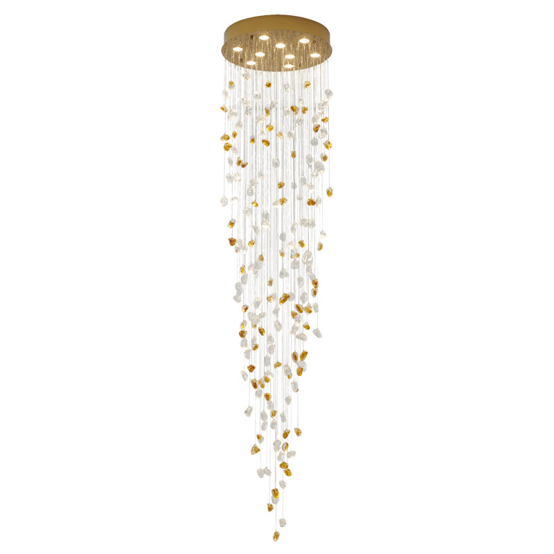 Lustre 9 lumières en laiton avec pierres de verre transparent et ambre, Laiton