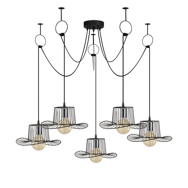 Lustre moderne noir, hauteur réglable, 54,3 po de diamètre x 48,0 po de hauteur | Corps en métal, 5 x douilles E27 de 40 W maximum | Comprend des instructions d'installation et un appareil de raccordement, un design élégant et novateur pour les espac
