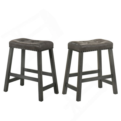 Rustic Backless Counter Stool Set Of 2 – 25 Inch Wooden Farmhouse Barstool With Leather Seat, Distressed Finish & Sturdy Frame – Space-Saving Counter-Height Seating For Kitchen & Bar