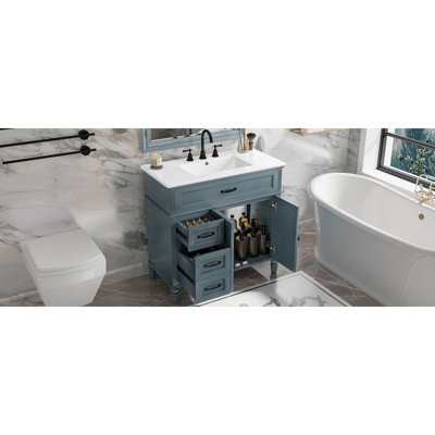 [Vidéo] Meuble-lavabo de 36 po avec lavabo, armoire de salle de bain avec tiroirs, cadre solide et panneau de fibres à densité moyenne, un paquet, bleu gris (même SKU: N725P195410C)