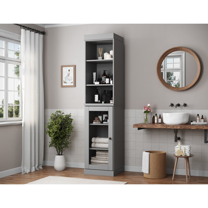 100% Solid Wood 16.5" Bathroom Storage Cabinet with Clear Glass Doors and Adjustable Shelves, Gray