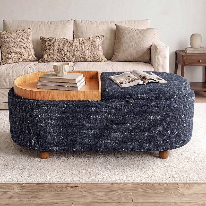 Table basse ovale avec rangement 45 po avec coussins de plateau réversibles, Marine