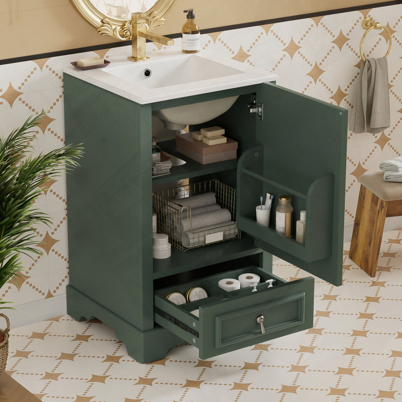 Meuble-lavabo moderne avec lavabo en céramique et rangement intelligent, Vert