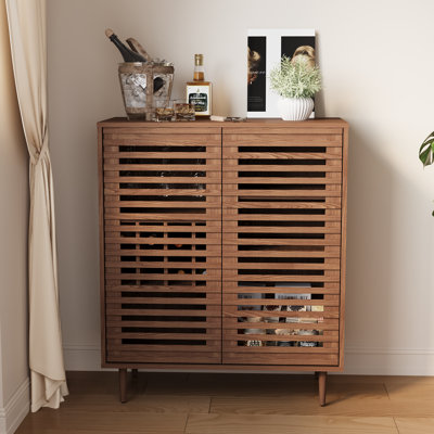 Mid Century Bar Cabinet with Wine Racks, Modern Liquor Cabinet with Slatted Doors for Dining Room, Living Room (Walnut Color)