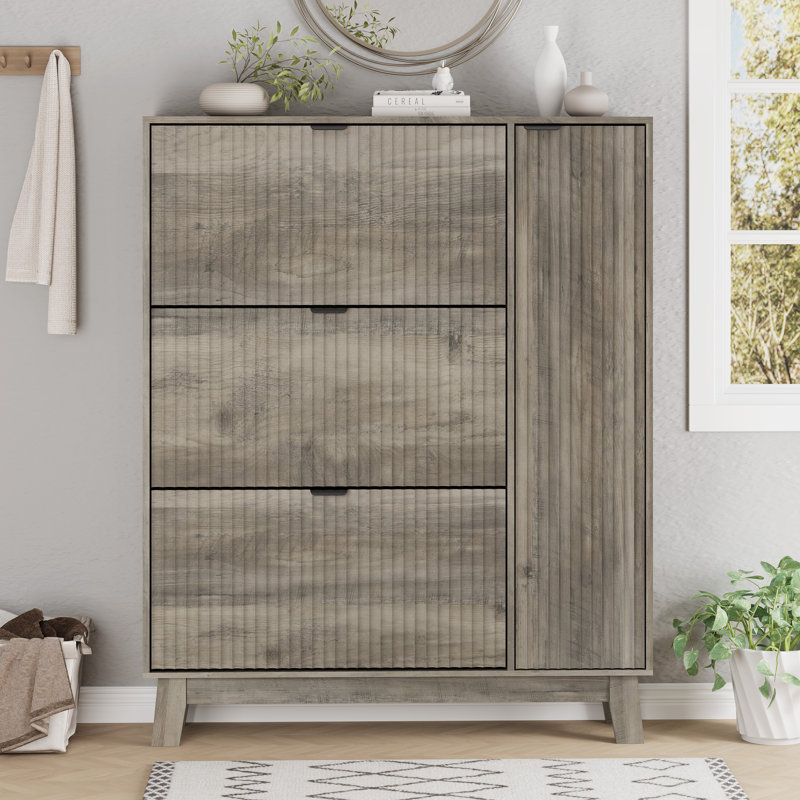 Fluted Shoe Cabinet with 3 Flip Drawers and Side Cabinet, Narrow Freestanding Storage for Front Door Entrance, Gray