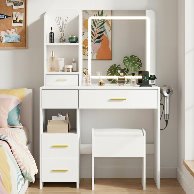 35" Makeup Vanity with HD Mirror and 5 Drawers, White
