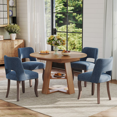 Table de salle à manger extensible ronde pour 4 à 6 personnes, table de salle à manger de style campagnard avec tablette de rangement et chaises de salle à manger rembourrées en tissu