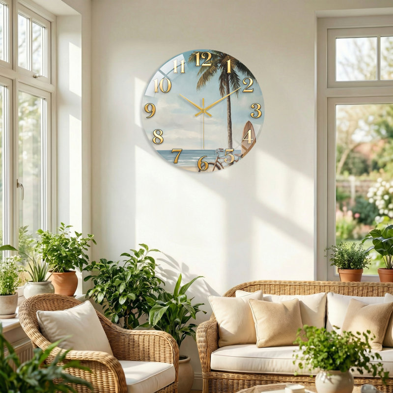 «Beach Scene», horloge murale en verre, 40 x 40 cm (15,7 x 15,7 pouces)