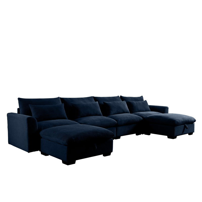 Canapé modulaire en U bleu, siège profond modulaire 4 places avec repose-pieds et coussins de taille en velours côtelé bleu