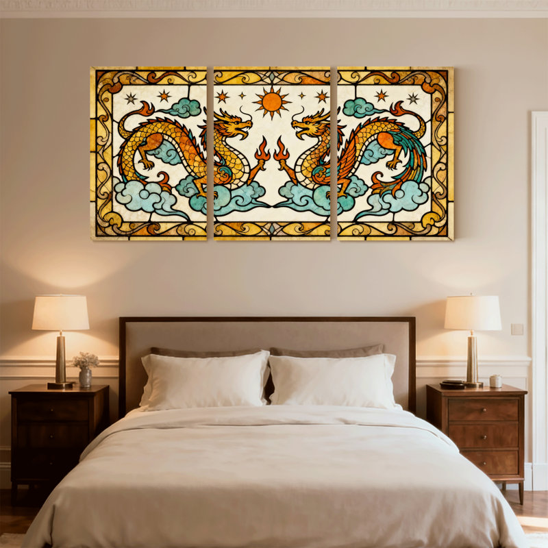 Ensemble de 3 impressions sur toile style dragon et nuage en verre coloré, H 18 po x l 36 po