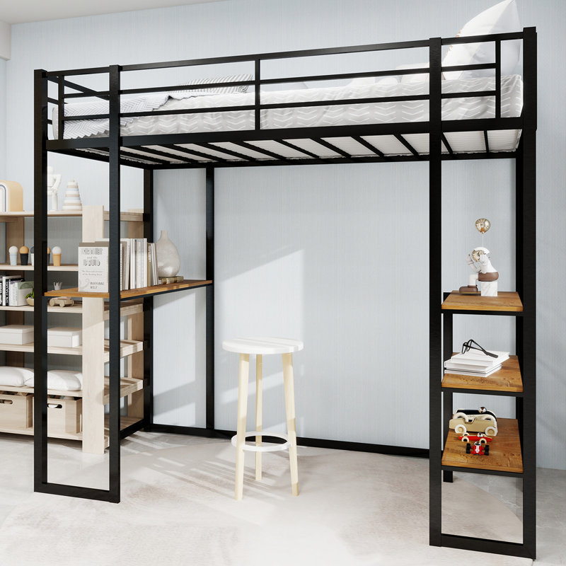 Lit à structure en fer avec rampe et escalier pour la chambre à coucher, noir, espace - Assemblage facile