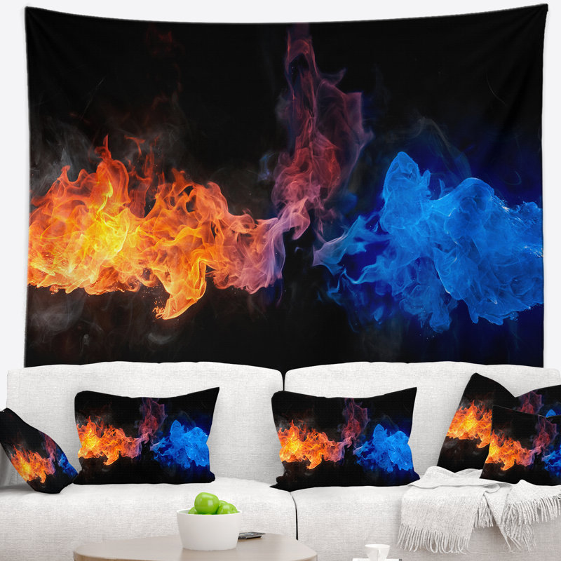 Tapisserie de feu bleu et rouge, H 32 po x l 39 po