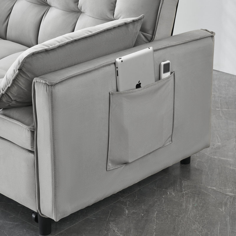 Canapé futon convertible polyvalent avec causeuse moderne avec dossier inclinable, coussins décoratifs et poches pour une détente confortable dans le salon.