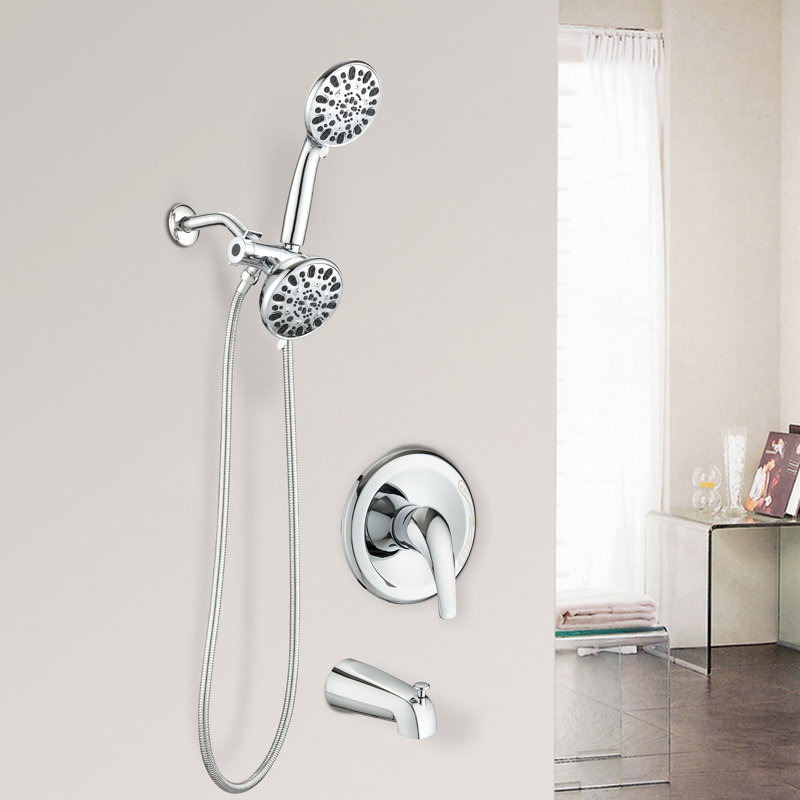 Wall Mounted Shower System With Tub Spout - High 2 In 1 Faucet. 7 Spray Modes For A Relaxing Shower. . All Metal. 1.8 Gpm Flow Rate. 59" Hose. 1/2" Connector Size Dual Faucet Valve. Relaxation. .
