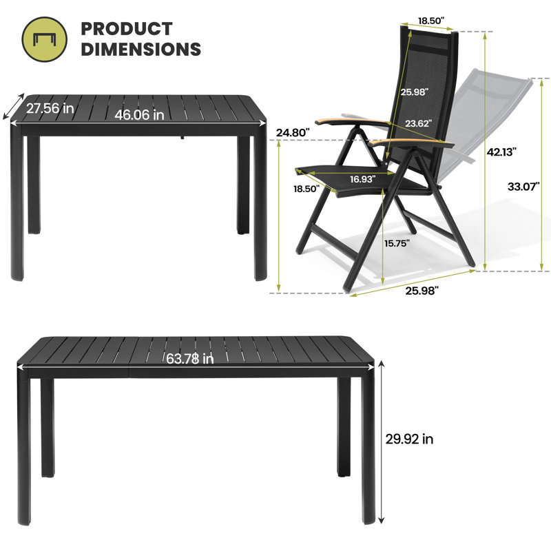 6-Person  Extendable Aluminum Patio Dining Set with Folding Reclining Armchairs,  63.78’‘ in W X 27.56'' in D