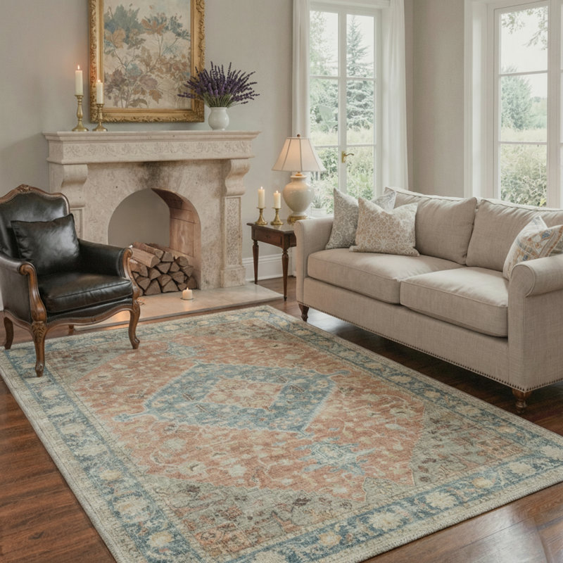 Tapis d'intérieur lavable à la machine à motif médaillon / terre cuite rétro Vesper, Rectangle 5 pi x 7 pi