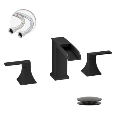 Waterfall 8 In. Widespread Double-Handle Bathroom Faucet Set 3-Holes Vanity Sink With Metal Drain
