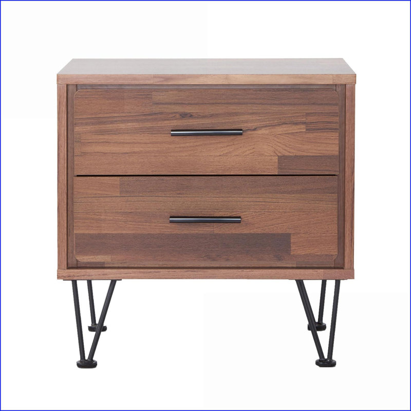 Table basse en noyer avec 2 tiroirs et pieds en épingle à cheveux, peu encombrante pour le salon