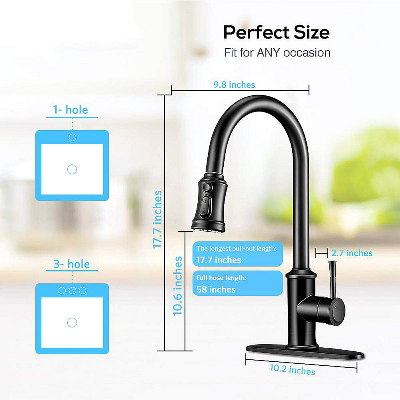 Robinet de cuisine - Tête de robinet de robinet de cuisine avec douchette rétractable à 3 modes, poignée simple et plaque de pont pour 1 trou ou 3 trous, rotation à 360 °, acier inoxydable sans plomb pour bar-maison, noir