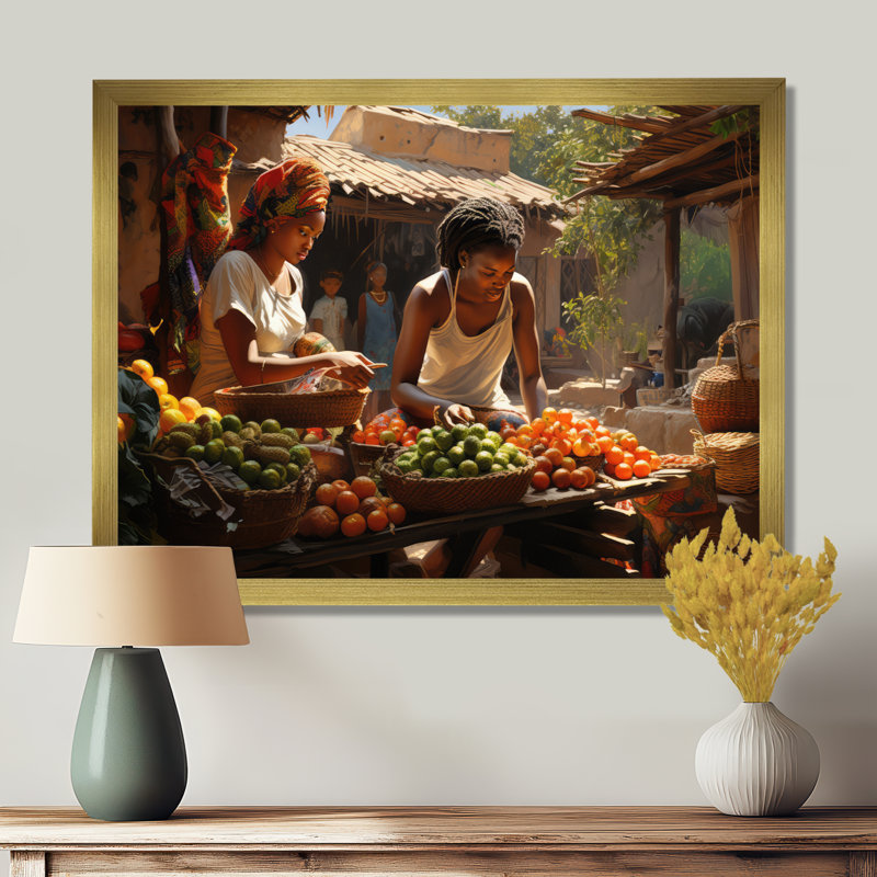 «African Vibrant Market I», reproduction d'art sur toile, Cadre flottant blanc, H 16 po x l 32 po x P 1 po