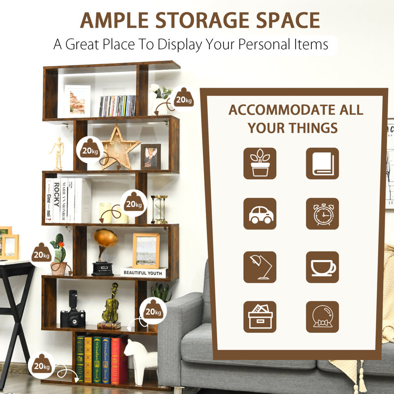 Modern 6-Tier S-Shaped Coffee Wooden Bookshelf