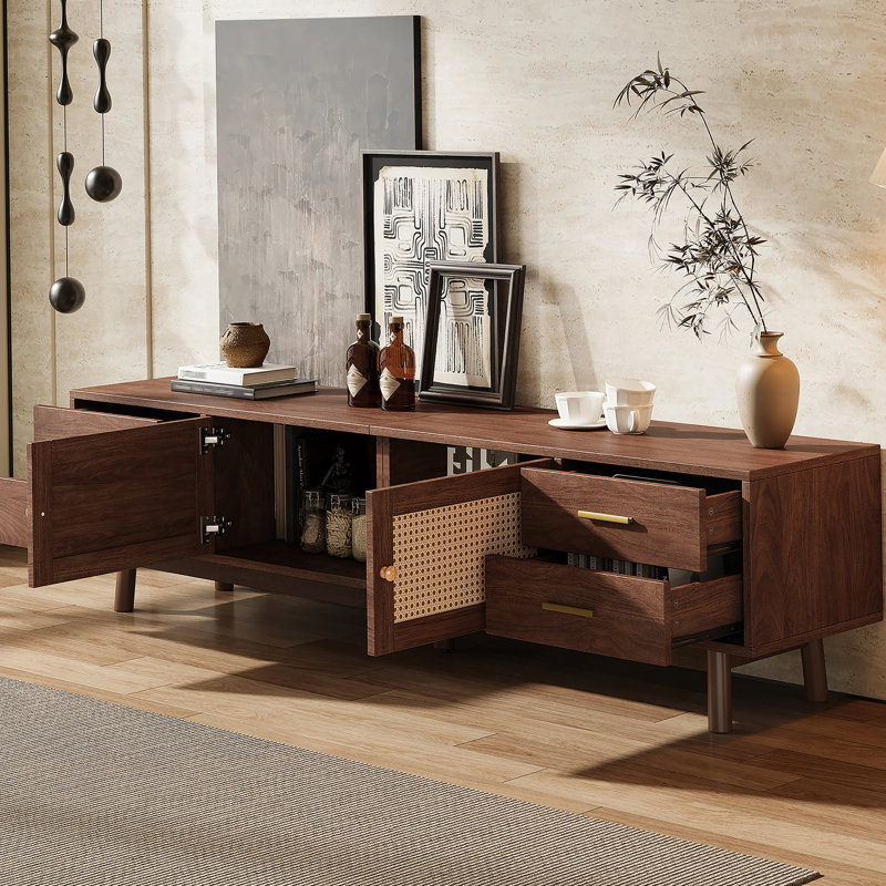 Meuble télé moderne avec portes en rotin pour téléviseur de 80 po ou moins, console multimédia avec tiroirs de rangement et trous de câbles pour le salon