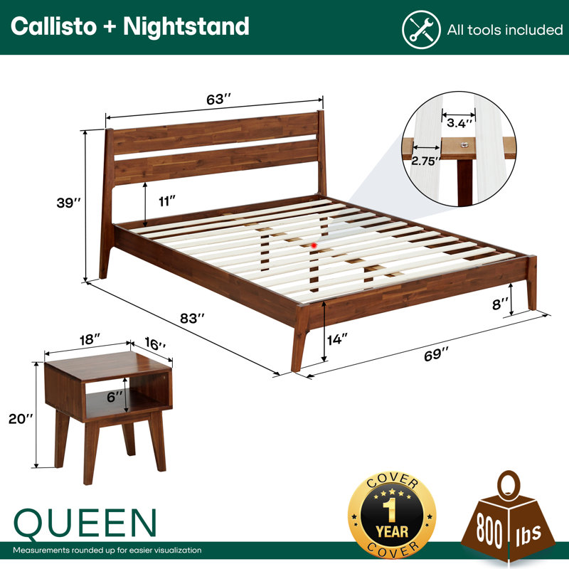 Ensemble de chambre à coucher 2 pièces - Structure de lit plateforme en bois massif et table de chevet assortie, style scandinave moderne Mid-Century, capacité de 800 lb, aucun sommier nécessaire